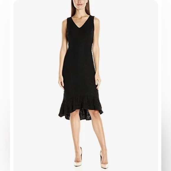 Nanette Lepore Black Textured Fringe High-Low V-Neck Midi Dress Size 4